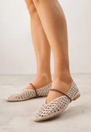 Baleriny - Jasnobeżowe Balerinki Mary Jane z Ażurową Cholewką Imitującą Plecionkę Timina - miniaturka - grafika 1