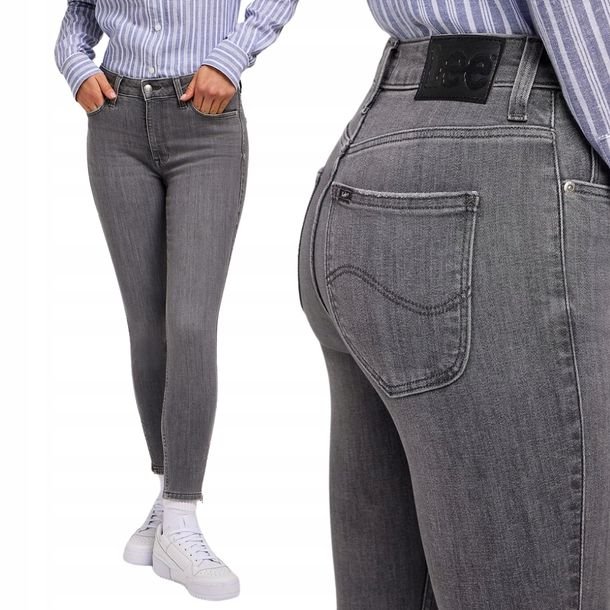 Lee SCARLETT HIGH ZIP wysokie szare spodnie damskie rurki zamki 7/8 W27 L31