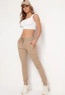 Spodnie damskie - Ciemnobeżowe Spodnie Dresowe z Gumką w pasie i Troczkiem Halemia - miniaturka - grafika 1