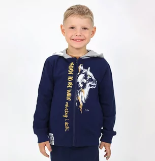 Bluzy dla chłopców - Rozpinana bluza z kapturem dla chłopca, z wilkiem, granatowa 5-8 lat - grafika 1
