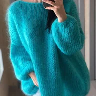 Swetry damskie - TEMU Damski Sweter w Kolorze Turkusowym z Dekoltem Łodzią - Miękki, Zimowy Pulower o Przewiewnym Kroju i Opadającym Ramieniu. Elegancki Casual na - miniaturka - grafika 1