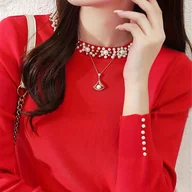 Swetry damskie - TEMU Sweter Damski z Długim Rękawem – Jednokolorowy, Elastyczny Pulower z Okrągłym Dekoltem i Akcentami Perłowymi, Casualowa i Elegancka Bluzka na - miniaturka - grafika 1