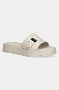 Calvin Klein klapki skórzane FLATFORM SLIDE W/CK HW - LTH damskie kolor beżowy na platformie HW0HW02368 - Klapki i japonki damskie - miniaturka - grafika 1
