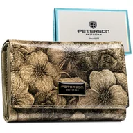 Portfele - Poziomy portfel damski średniej wielkości na zatrzask lakierowany złoty z kwiatowym wzorem PETERSON skóra naturalna i ekologiczna rozbudowany na kar.. - miniaturka - grafika 1