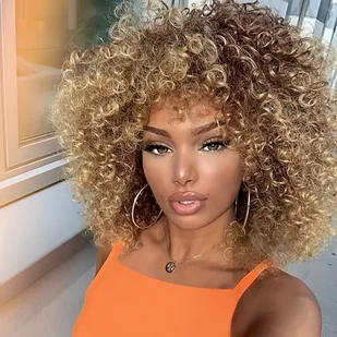 TEMU Peruka z Kręconych Włosów Afro w Stylu Lat 70., Blond Brązowo-Czerwona i Czarna, Syntetyczna, 14 Cali z Czapką z Różowej Siatki dla Naturalnego - Pozostałe akcesoria fryzjerskie - miniaturka - grafika 1