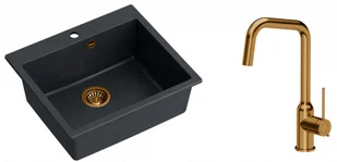 Quadron Zlewozmywak granitowy jednokomorowy 57*50*22 cm MORGAN 110 BLACK DIAMOND z miedzianym odpływem z baterią NATALIE Q LINE kolor miedziany - Zlewozmywaki z baterią - miniaturka - grafika 1