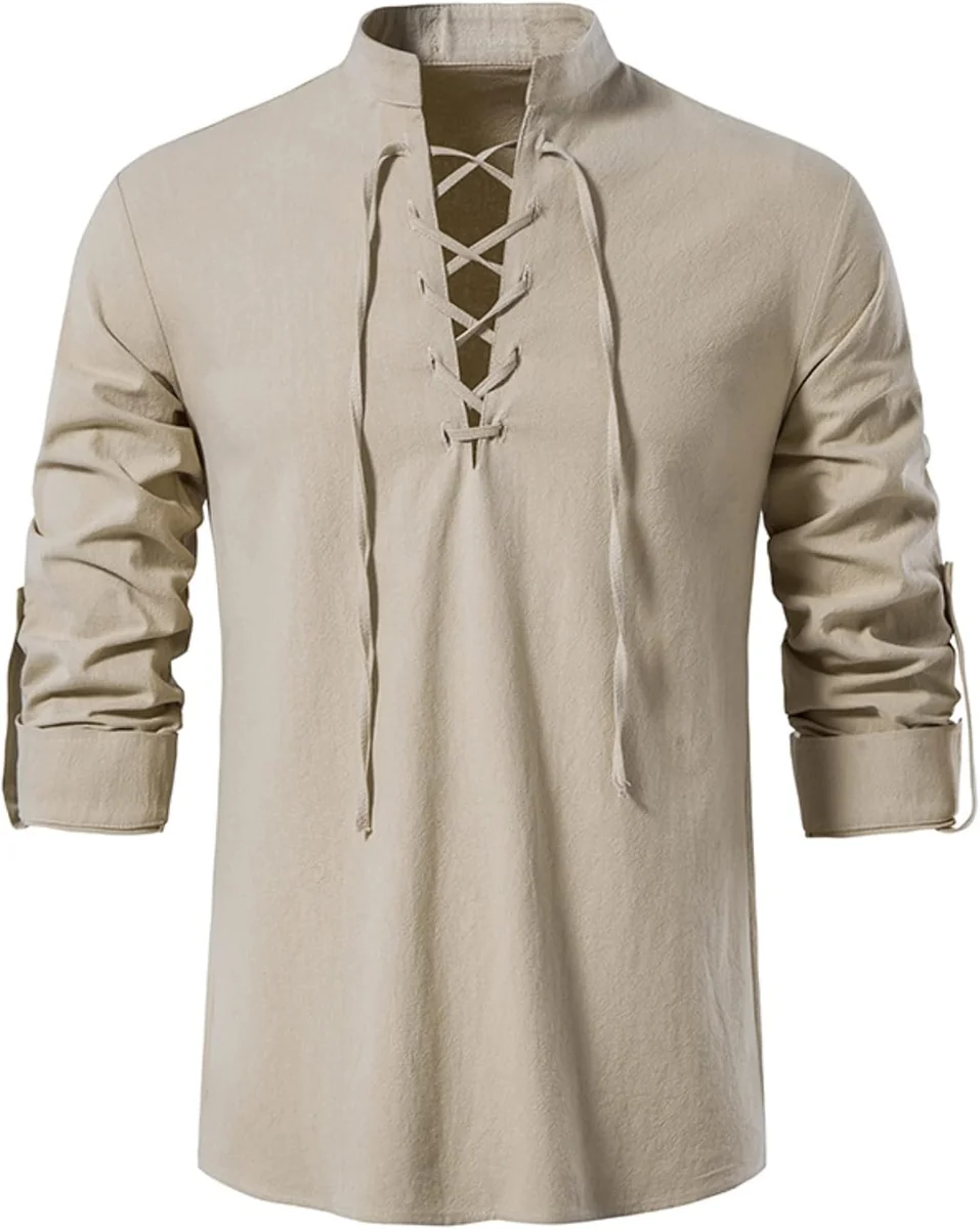 RĘKAW KOSZULA LNIANA MĘSKA DŁUGI V-NECK STÓJKA JEDNOLITA CASUALOWA