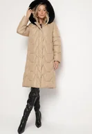 Kurtki damskie - Beżowa Pikowana Kurtka o Długim Kroju z Kapturem Kieszeniami i Odpinanym Futerkiem Liliraeth - miniaturka - grafika 1