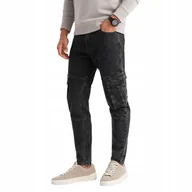 Spodnie męskie - Jeansowe spodnie cargo SLIM FIT czarne V2 OM-PADP-0176 XXL - miniaturka - grafika 1