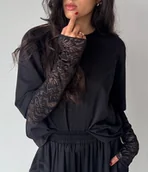 Koszule damskie - T-shirt bawełniany z koronkowym rękawem CZARNY - miniaturka - grafika 1