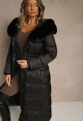 Kurtki damskie - Czarna Puchowa Kurtka Pikowana o Długim Kroju z Kapturem z Futerkiem Bavea - miniaturka - grafika 1