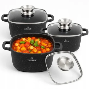 KOMPLET GARNKÓW MARMURKOWYCH KWADRATOWE NA INDUKCJĘ GAZ ZESTAW GARNKI 6 ELE - Zestawy garnków i patelni - miniaturka - grafika 1