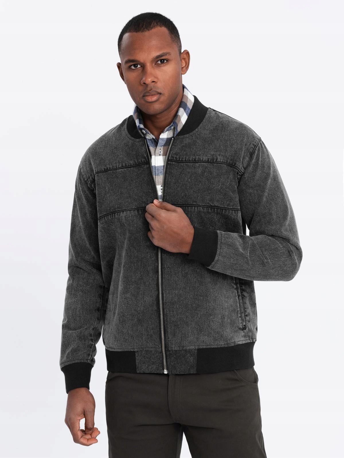 Męska kurtka jeansowa bomberka stone wash czarna Ombre OM-JADJ-0163 V2 L
