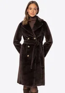 Płaszcze damskie - Dwustronny damski płaszcz z wiązaniem ciemny brąz - miniaturka - grafika 1