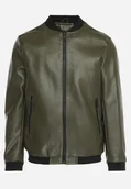 Kurtki męskie - Ciemnozielona Kurtka Bomberka z Imitacji Skóry i Zasuwanymi Kieszeniami Rihella - miniaturka - grafika 1