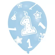 Baby shower i roczek - Amscan Balony lateksowe z cyfrą 1 nadruk na całej powierzchni27,5cm/11'' błękitne 6 szt. INT995656 - miniaturka - grafika 1
