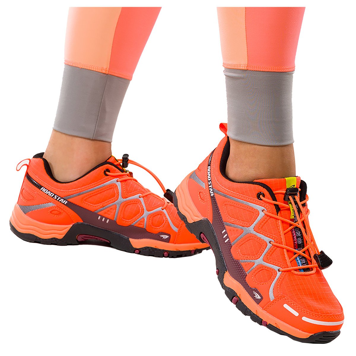 Pomarańczowe buty sportowe trekkingowe damskie na bieżnikowanej podeszwie z regulowaną elastyczną sznurówką bordowe wstawki Casu 2101-5W-39
