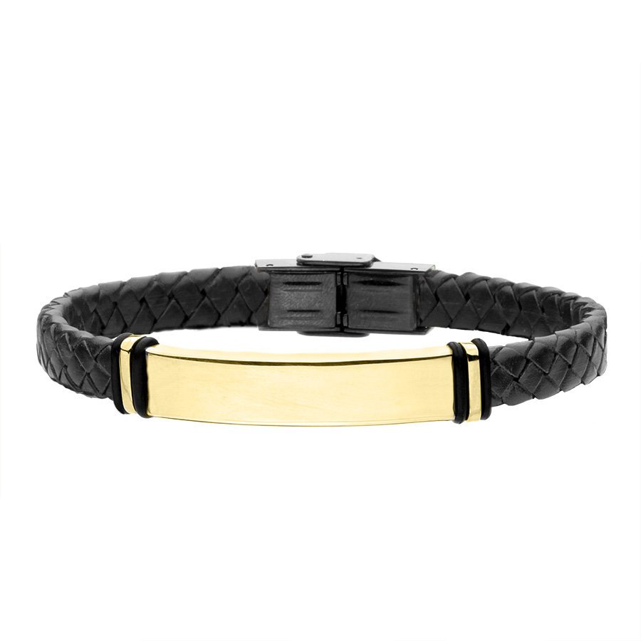 Bransoletka męska złota blacha na czarnej plecionej skórze