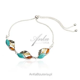 ankabizuteria.pl Srebrna bransoletka z bursztynem i turkusem - Bransoletki - miniaturka - grafika 1