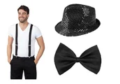 Dodatki do strojów karnawałowych - Zestaw Disco Kapelusz Czarny Mucha Szelki 3el MK554 - miniaturka - grafika 1