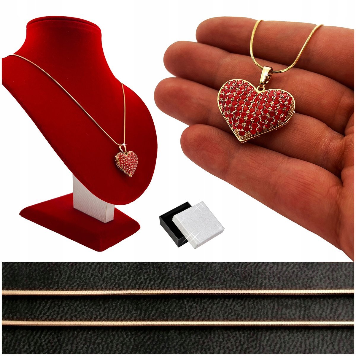 Okazały Naszyjnik Damski Serce Szkarłatne Z Kryształkami Długi 60Cm Prezent