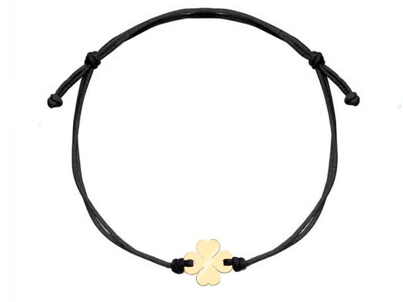 Złota bransoletka sznurkowa 333 koniczynka na czarnym sznurku