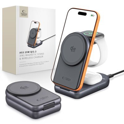 Ładowarka indukcyjna TECH-PROTECT A53 3w1 25W Magnetic Ciemnoszary