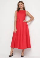 Sukienki - Czerwona Sukienka Bawełniana o Rozkloszowanym Fasonie z Dekoltem Łódką i Kieszeniami Elenira - miniaturka - grafika 1