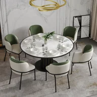 Krzesła - Komplet 6 krzeseł do jadalni z podłokietnikami - 55 x 55 x 85 cm - Len i skóra ekologiczna, nogi metalowe w kolorze czarnym - Beż i zieleń - miniaturka - grafika 1