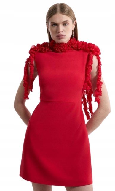 KAREN MILLEN PETITE CZERWONA SUKIENKA Z FALBANAMI PRZED KOLANO 36 B1C