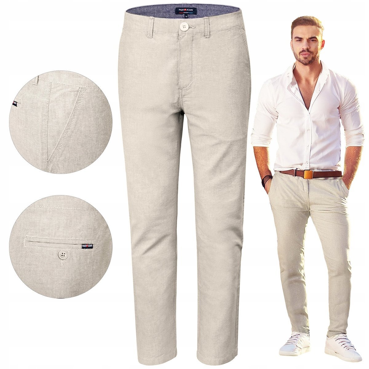 SPODNIE Męskie CHINOSY Bawełniane JASNOBEŻOWE Slim Fit W40/L32 Pako Jeans