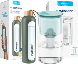 Wessper AquaClassic Crystalline 3L szklany dzbanek z filtrem + ActiveMax Crystalline szklana butelka z silikonowym rękawem 1L - kolor miętowy - Dzbanki i imbryki - miniaturka - grafika 1