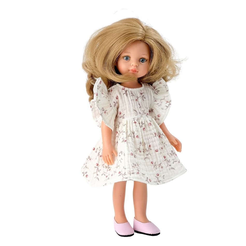 Sukienka z muślinu z falbanką dla lalki Paola Reina Amigas 32 cm, wzór jabłuszka