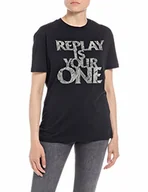 Koszulki i topy damskie - Replay T-shirt damski z krótkim rękawem z napisem, 098 BLACK, L - miniaturka - grafika 1