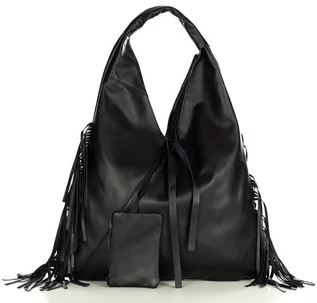 Torebki damskie - Torba skórzana z frędzlami shopper bag smooth leather MARCO MAZZINI czarny - grafika 1