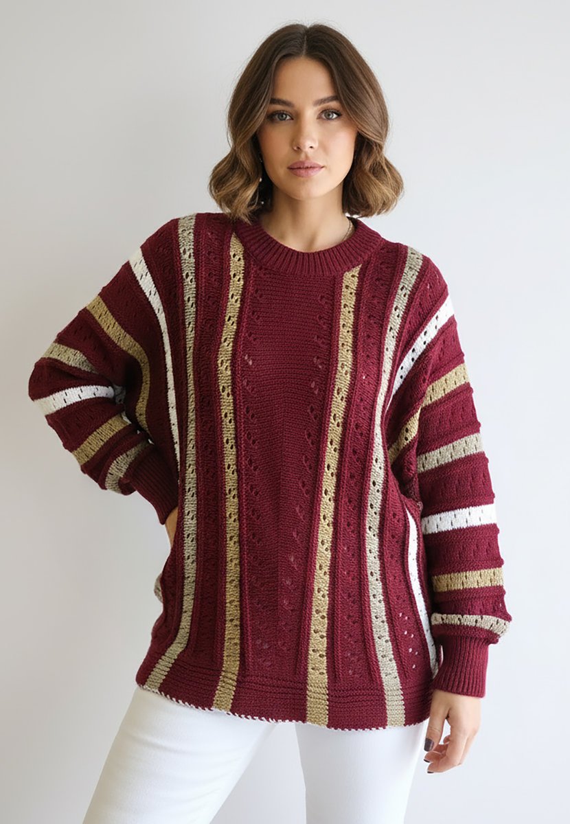 Ażurowy sweter damski oversize w pionowe paski z okrągłym dekoltem na co dzień - M1276, bordowy, M
