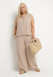 Ciemnobeżowy Komplet Koszula bez Rękawów i Szerokie Spodnie z Gumką w Pasie Telanwena - Komplety damskie - miniaturka - grafika 1
