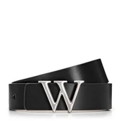 Paski - Skórzany pasek z literą „W” na klamrze granatowo - beżowy - miniaturka - grafika 1