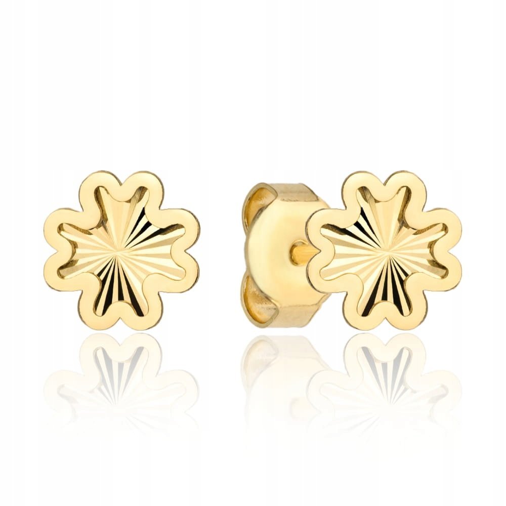 Złote kolczyki 585 Koniczyny 7mm z diamentowaniem elegancki wzór 0.76g