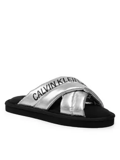 Klapki i japonki damskie - Calvin Klein Jeans Kapcie Home Criss Cross Slipper YW0YW00477 Srebrny - grafika 1