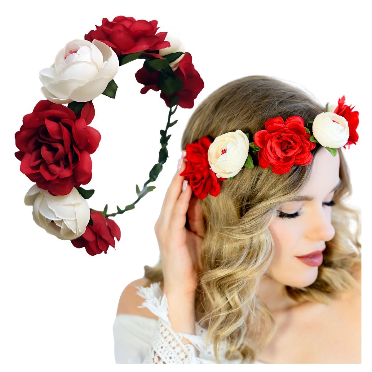 Opaska Wianek Biało-Czerwony na Głowę Duży Kwiaty Róże Piwonie Lekki i Efektowny