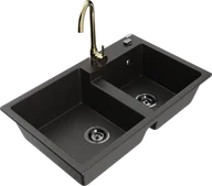 Zlewozmywaki z baterią - Mexen Tomas zlewozmywak granitowy 2-komorowy z baterią kuchenną Telma, czarny/złoty metalik - 6516-75-670200-50-B - miniaturka - grafika 1