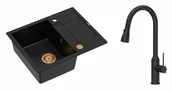 Zlewozmywaki z baterią - Quadron Unique Zlewozmywak granitowy jednokomorowy 62*50*22 cm z ociekaczem MORGAN 116 PURE CARBON z syfonem Push-2-Open w kolorze miedzianym z baterią JESSICA Q LINE PURE CARBON z wyciąganą wylewką i funkcją prysznica czarny mat - miniaturka - grafika 1