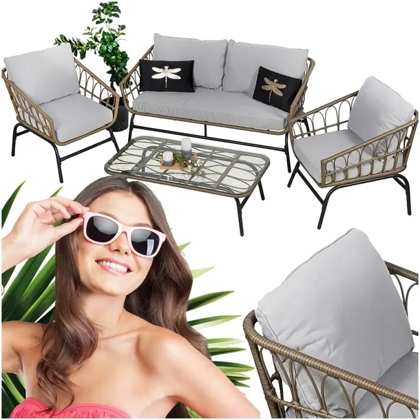 Zestaw Mebli Ogrodowych Rattan Komplet Sofa + 2 Fotele + Stolik + Poduchy