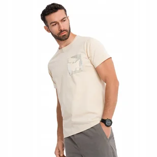 Męski bawełniany t-shirt z printowaną kieszonką beżowy OM-TSPT-0228 V3 L - Koszulki męskie - miniaturka - grafika 1