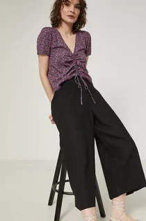 Spodnie damskie - Medicine spodnie lniane damskie kolor czarny szerokie high waist - grafika 1