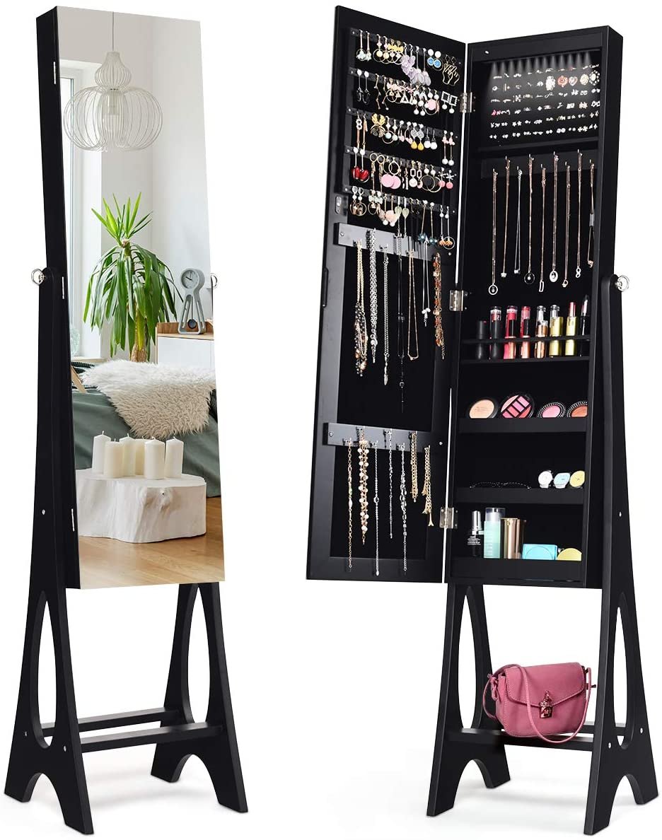 COSTWAY Zamykana szafka na biżuterię, stojące lustro 2 w 1 z miejscem na biżuterię, wolnostojąca szafka z lustrem i 12 diodami LED (czarna)