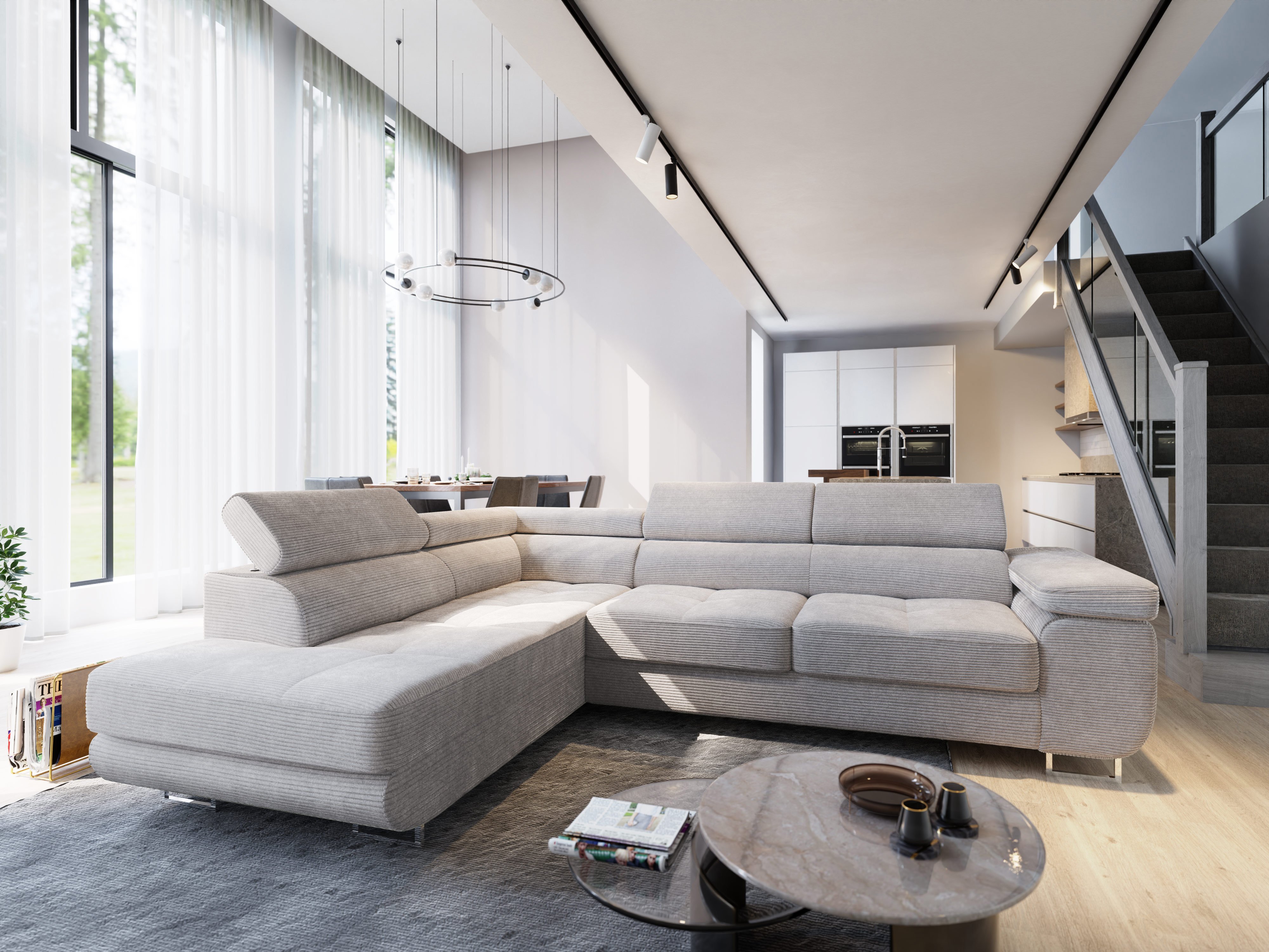 Masseno Narożnik APIRO L-S z funkcją spania i pojemnikiem na pościel Kształt L, Rozkładana sofa, Rogówka - Kremowy, POSO 100