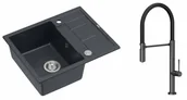 Zlewozmywaki z baterią - Quadron Unique Zlewozmywak granitowy jednokomorowy 62*50*22 cm z ociekaczem MORGAN 116 BLACK DIAMOND z syfonem Push-2-Open w kolorze stalowym z baterią MARGOT T LINE GRAPHITE METAL z ruchomą wylewką kolor grafit/czarny wąż - miniaturka - grafika 1