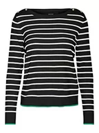 Bluzy damskie - Vero Moda Damska bluza Vmalma Ls Boatneck Guzik Ga Boo L/S dzianina, Czarne/paski: Królewna Śnieżka + Jasnozielona Kontrastowa Krawędź, M - miniaturka - grafika 1